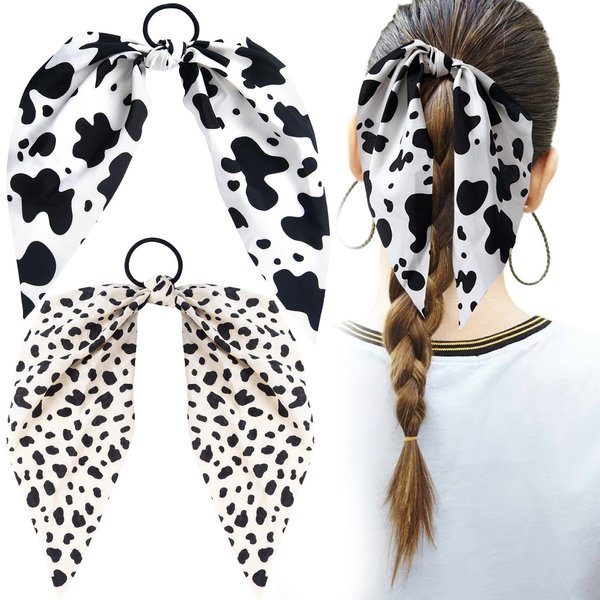 Mxxipp 2pcs Cow Print Hair Band for Women, Non-Slip Spotted Rabbit Bunny Ear Bow Hair Tie Ropes, Bowknot Elastic Ponytail Holder Hair Scrunchies Accessories for Curly Straight Thin Thick Fine Hair