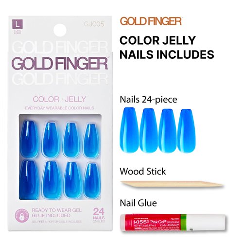 GoldFinger False Nails Kit, Jelly Color Ready to Wear Blue Fake Nails, Manicure Stick and Glue Included, Long Length, Coffin Shape, Long-Lasting Hottest Trend Glue on Nails