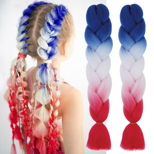 Colored Braiding Hair Extensions for Women Girls Red White Blue Ombre Jumbo Braids Crochet Synthetic Fiber Hair Pre Stretched High Temperature Heat Resistant Braiding Hair 24 Inch