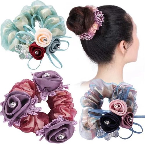 3Pieces Big Hair Silk Scrunchies with Flowers and Crystal Decorated for Thick Hair Elastic Ties for Girls & Women(Purple,Green,Blue)