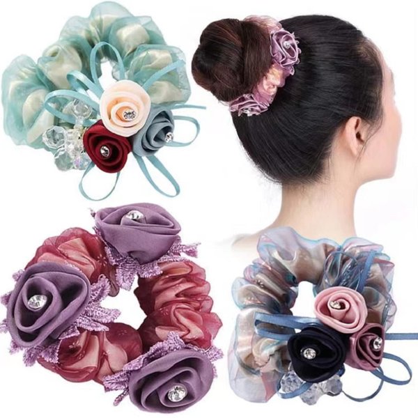 3Pieces Big Hair Silk Scrunchies with Flowers and Crystal Decorated for Thick Hair Elastic Ties for Girls & Women(Purple,Green,Blue)
