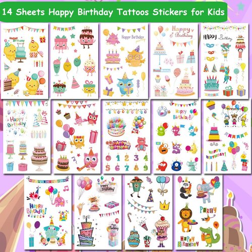 CHARLENT Happy Birthday Tattoos for Kids - 14 Sheets Happy Birthday Temporary Tattoos for Boys Girls Birthday Party Favors Goodie Bag Fillers
