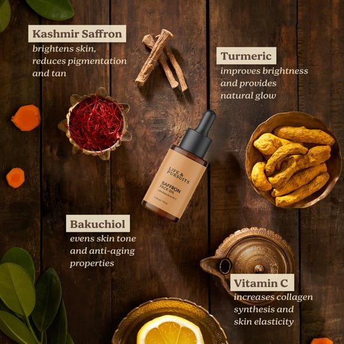 Life & Pursuits Saffron Face Oil 1 Fl Oz with Kashmir Saffron, Bakuchi, Vitamin C for Face Brightening, Moisturizing, Dark Spots, Fine Lines, Wrinkles. Lightweight Daily Face Massage oil | Anti-Aging