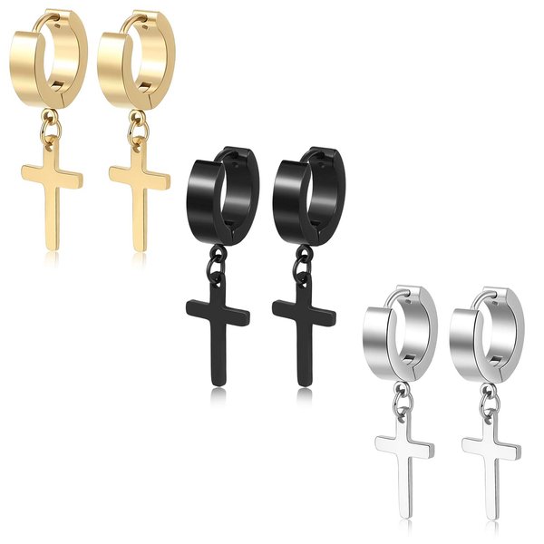 TXPFF 3 Pairs of Cross Earrings Dangle Hinged Men Earrings Stainless Steel Cross hoop Earrings for Men and Women,Silver,Gold,Black(small）