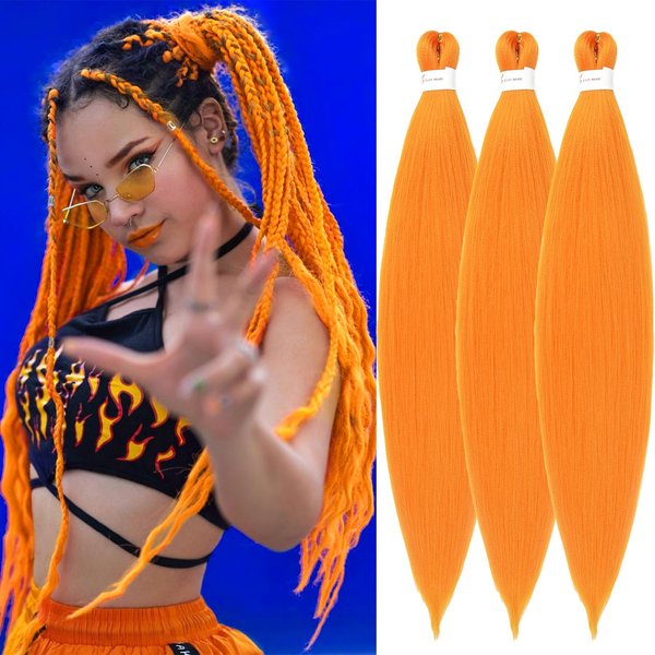 Orange Braiding Hair Pre Stretched 32inch 3 Packs Braiding hair Extensions Synthetic Crochet Braids, Hot Water Setting Professional Soft Yaki Texture. (32inch(3Packs),Orange#)