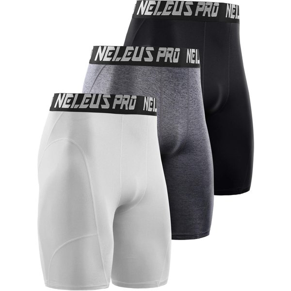 NELEUS Men's 3 Pack Compression Shorts,6065,Black/Grey/White,US L,EU XL