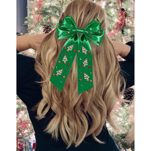 Christmas Hair Bows for Women Girls Christmas Tree Hair Bow Clips Jeweled Red Green Hair Bows Festive Holiday Hair Ribbons with Long Tail Christmas Hair Accessories Outfits Holiday Gifts (Pattern C1)