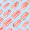 French Tip Press on Nails Medium Coffin Fake Nails with Heart Designs Pink Glue on Nails Cute Full Cover False Nails Rhinestone Acrylic Nails Glossy Stick on Nails for Women Nail Art Decorations