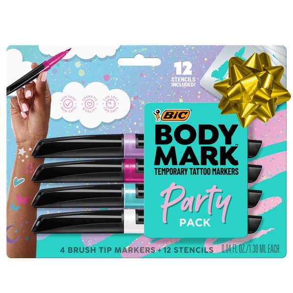 BIC BodyMark Party Pack Temporary Tattoo Marker for Skin, Premium Brush Tip, Gifts for Teens, 4 Count Pack