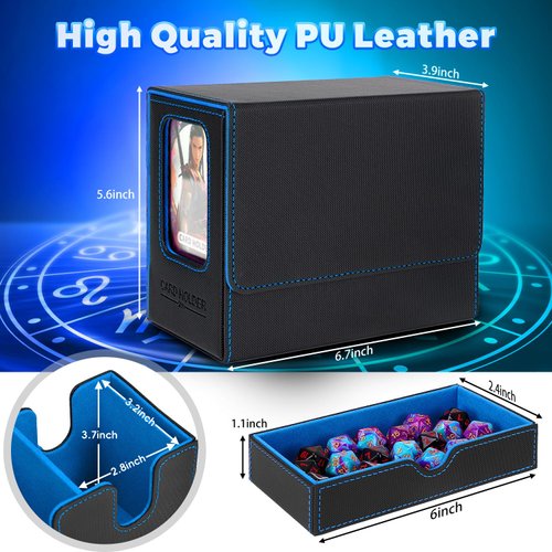 DaluRunhe Mtg deck box for Commander Deck Box with Dice Tray Fits 230 Cards, 4 in 1 for Magic TCG CCG Deck Card Boxes Case Storage, Includes 4 Dividers & 2 Toploaders Trading Deck Box,Black/Blue