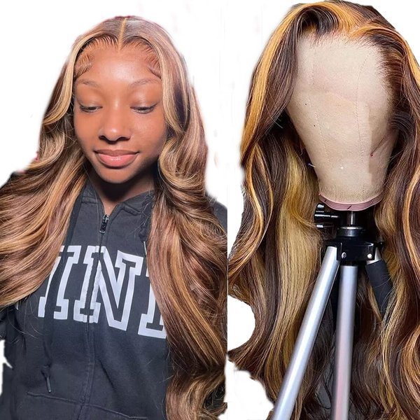 Manorshen Highlight 13x4 Lace Frontal Wigs Human Hair Ombre 4/27 Colored Honey Blonde Frontal Wigs Pre Plucked With Baby Hair 150% Density Body Wave Human Hair Lace Front Wig For Black Women
