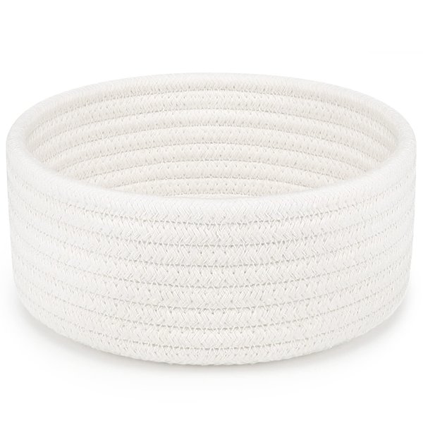 ABenkle Small Woven Basket, Empty Tiny Shallow Storage Basket, Mini Cotton Rope Easter Baskets, Round Decorative Hamper, Montessori Basket Storage Bins for Toys, Spa, Socks, Nursery, Kids Room, White