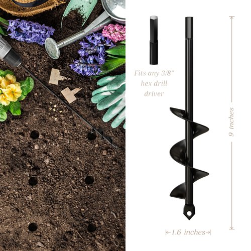 K-Brands Auger Drill Bit for Planting – 1.6 x 9 Inch & 3 x 9 Inch Set - Garden Spiral Hole Drill and Bulb Planter Tool - Bedding Plants, Umbrella Holes - 3/8 Inch Hex Drive Drill