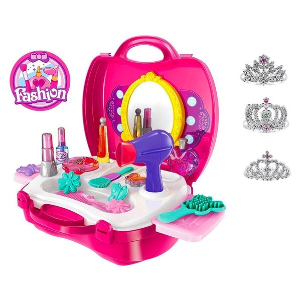 Pretend Play for Girls, 21 Pieces Vanity Set w/ Mirror +3 Free Tiaras, Beauty Hair Salon Kit, Play Makeup Toys for 3 Years Old, No Chemicals, No BPA, Best Christmas and Birthday Gift for Preschoolers