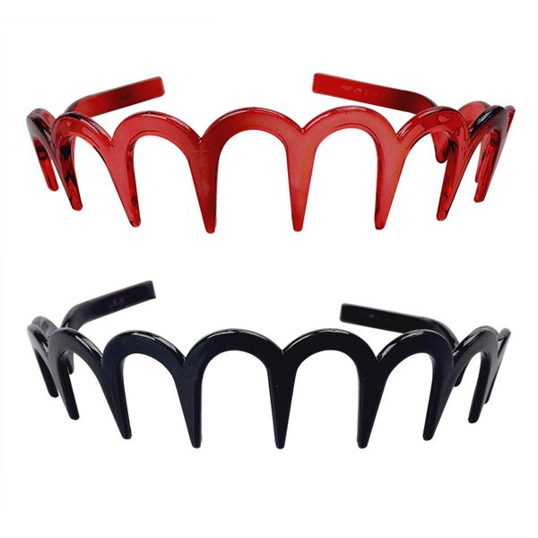2Pcs Women Comfortable Shark Tooth Comb Headband Hair Band U Toothed Headband Lady Hair Accessory (Red + Black)