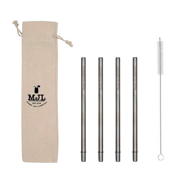 Medium Safer Rounded End Stainless Steel Metal Straws for Pint Mason Jars, Medium Cups, or Pint Glasses (4 Pack + Cleaning Brush + Bag)