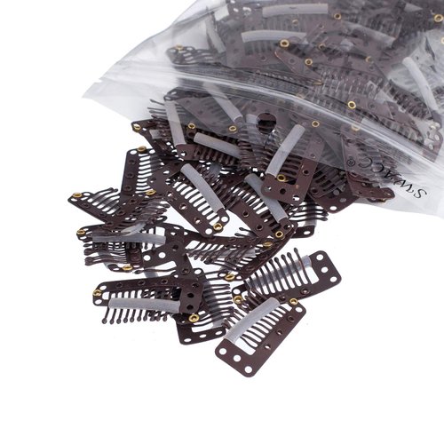 SWACC 100 Pcs U Shape Metailic Snap Clips ins for Hair Extension Hairpiece DIY Snap-Comb Wig Clips with Rubber (Brown, 10-Teeth 9 holes)