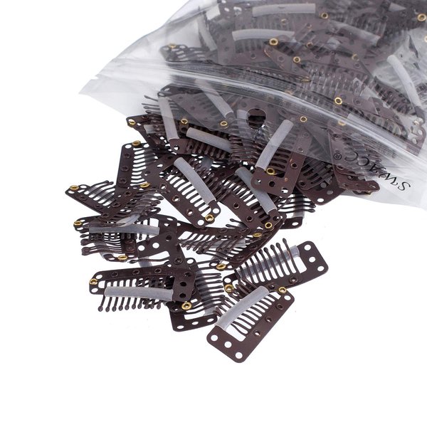 SWACC 100 Pcs U Shape Metailic Snap Clips ins for Hair Extension Hairpiece DIY Snap-Comb Wig Clips with Rubber (Brown, 10-Teeth 9 holes)