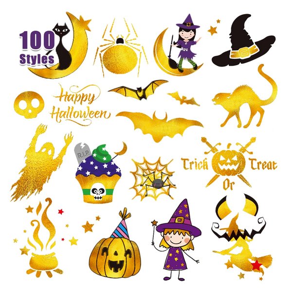 Partywind Metallic Glitter Halloween Temporary Tattoos for Party Decorations, 100 Styles Halloween Tattoo Stickers for Party Supplies Favors, Halloween Kids Treats Goodie Bag Stuffers (6 Sheets)