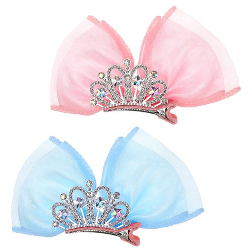 2 Pcs Crown Bow Princess Bows for Girls Birthday Hair Bow Diamond Crown Hair Pin Bows Clips Ribbon Bows Clips Princess Headband Metal Snap Side Hair Barrette Sparkly Mini Hair Styling Accessories