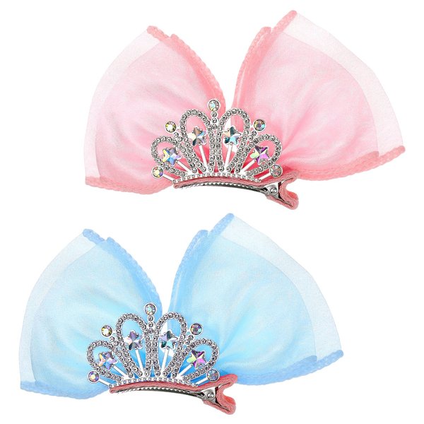 2 Pcs Crown Bow Princess Bows for Girls Birthday Hair Bow Diamond Crown Hair Pin Bows Clips Ribbon Bows Clips Princess Headband Metal Snap Side Hair Barrette Sparkly Mini Hair Styling Accessories