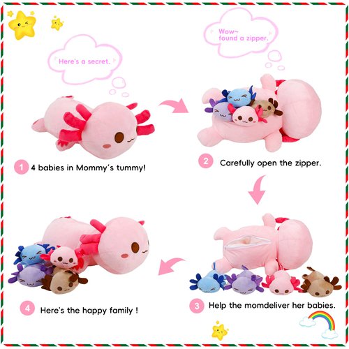 5 Pieces Axolotl Stuffed Animals for Girls, 1 Big Pink Mommy Axolotl with 4 Mini Babies, Soft Plush Toys for Kids 3 4 5 6 7 8 9 Years, for Baby, Toddler, Girls, Boy