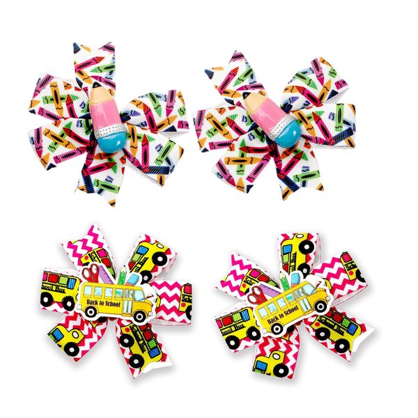 4Pcs Back to School Hair Bows Clips - School Bus Hair Bow Barrettes Yellow Pencil Colorful Hair Clips Cute Hair Accessories for Toddler Kids (Red-Bus&Pencil)