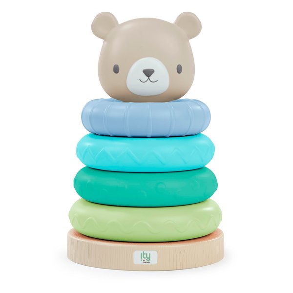 Ingenuity: ity by Ingenuity Cutie Stacks, 4 BPA-Free Rings, Faux Wood Stand, Bear Topper, Unisex, for Ages 6 Months and Up - Nate