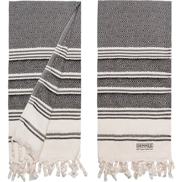 DEMMEX Certified Organic Cotton Turkish Hand Towels for Bathroom - Set of 2, Kitchen, Gym Towels - Thin Light Compact Travel Towels, Quick Dry, Diamond Weave, Prewashed, 18x36, Black