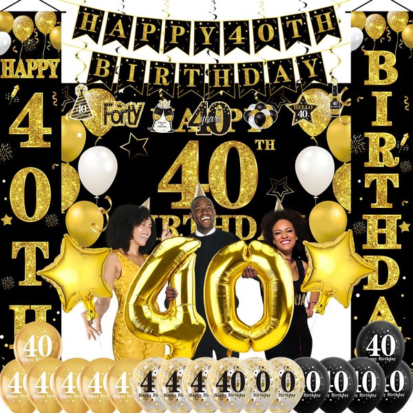 32Pcs 40th Birthday Decorations Kit for Men Women, Black Gold Happy 40 Birthday Banner Balloons Hanging Swirls Kit Party Supplies, Forty Year Old Birthday Backdrop Props Sign Decor
