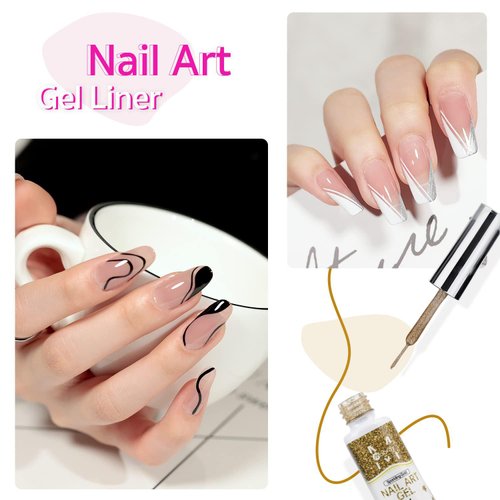 GOFLORDEN Gel Liner Nail Art Polish Set Gel Liner Nail Art Kit For Nail Design, 4 Colors Black White Gold Silver Design Paint with Thin Brush for French Tip Manicure DIY Nail Art, 8ML