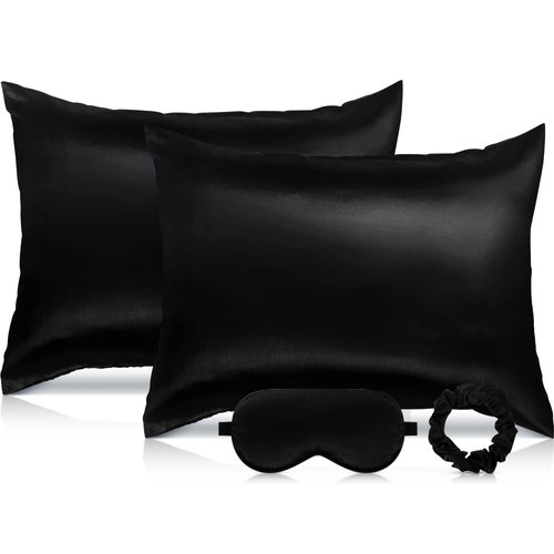 2 Pack Satin Pillowcase with Latent Zipper, Adjustable Satin Eye Mask for Sleeping and Satin Volume Scrunchie for Hair and Skin, Standard Size (Classic Style, Black)