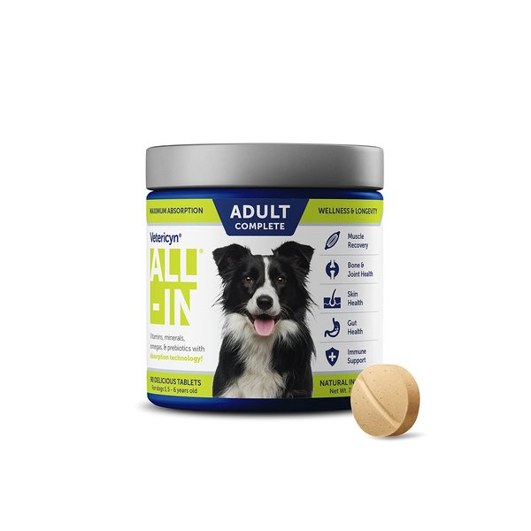 Vetericyn All-in Adult Complete Dog Supplement. Natural, Daily Supplement with Absorption Technology. Bone and Joint Support, Promote Muscle Recovery, Healthy Digestion, and Improve Coat. 90 Tablets