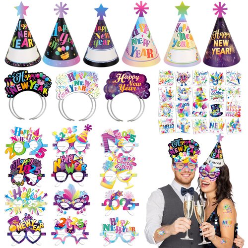 HOWAF 2025 New Year Eve Party Supplies 2025 Decorations Kit, 45pcs Colorful Firework Happy New Year Headband Cone Hats Paper Eyeglasses Temporary Tattoos for 2025 New Year Eve Party Supplies