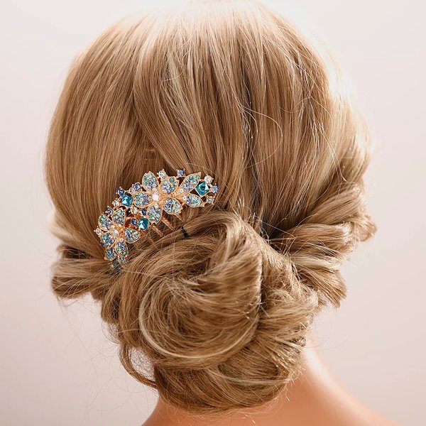 Aimimier Double Flower Crystal French Hair Comb Shinny Rhinestone Gem Side Combs Long Teeth Hair Clips Bridal Hair Accessories for Women Girls(Blue)