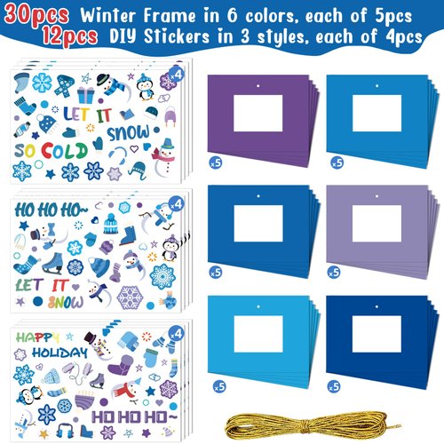 kapitomanio 30 Packs Winter Craft Kits for Kids, Holiday DIY Picture Frame Crafts for Kids Winter Party Favors Home School Classroom Game Activities