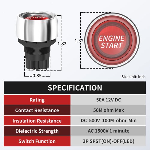 RVBOATPAT 12VDC 50A Engine Start Ignition Switch 3 Pin Spst Push Button Starter Switch Momentary 12 Volt 50 Amp Red Led for Marine Vehicle Racing Car Truck RV