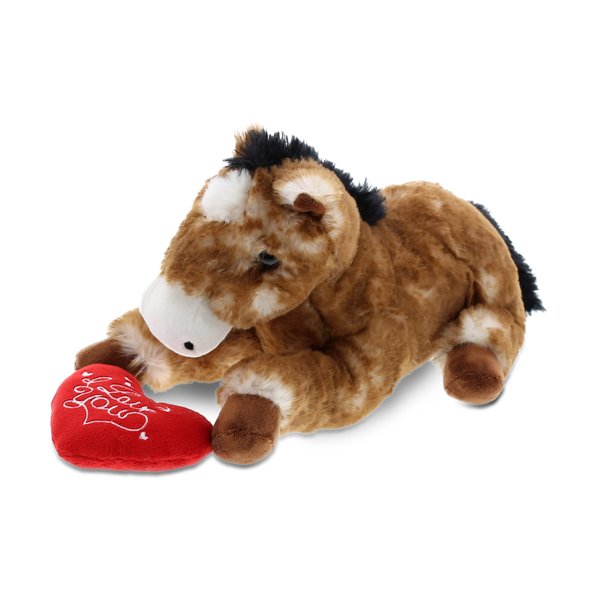 DolliBu I Love You Valentine Plush Lying Brown Horse - Cute Stuffed Animal with Red Heart and Name Personalization Gift for Valentines Day, Birthday, Anniversary, Romantic Date - 10.5 Inches