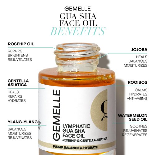 GEMELLE Lymphatic Gua Sha Face Oil | 6x Award Winner | Detox, Plump, Balance, Hydrate, Lymphatic Drainage | High-Altitude Rosehip, Centella Asiatica & More! | Paraben-Free, Natural Skin Care | 15ml