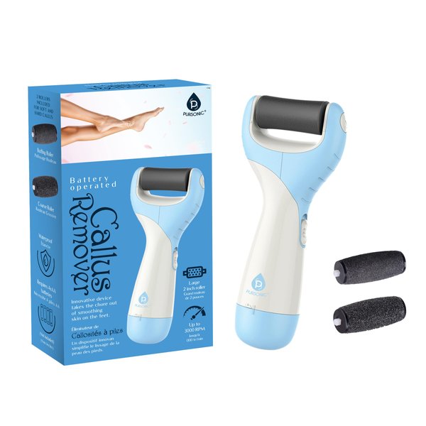 Pursonic Foot Callus Remover Battery-Operated Electric Foot Scrub Pedicure Tool- Electronic Foot File Dead Skin Remover for Feet with 2 Spinning Foot Pumice Heads for Cracked Skin