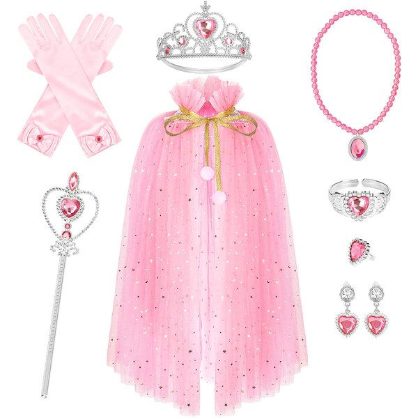 10 Pieces Princess Cape Set Dress up Clothes for Little Girls Party Cosplay Cloak with Jewelry Tiara Crown Wand Gloves
