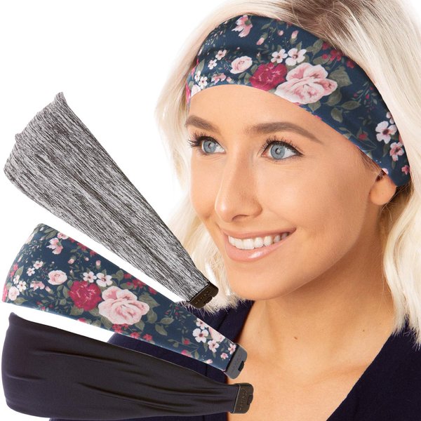 Hipsy Adjustable Cute Fashion Sports Headbands Xflex Wide Hairband for Women Girls & Teens (3pk Grey/Floral/Navy Xflex)