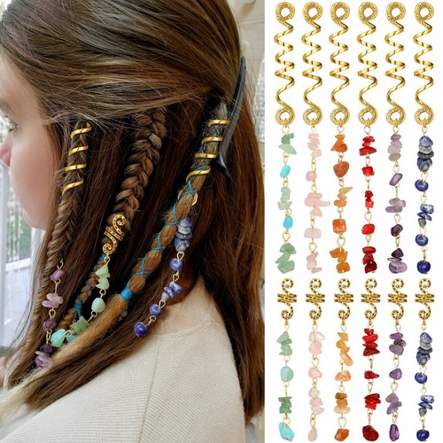 12 Pcs Colored Natural Stone Pendant Loc Hair Jewelry Crystal Dreadlock Accessories Metal Hair Clips for Locs Pirate Accessories for Women Hair Charms for Women Girls Braids, 6 Colors (Bright Colors)