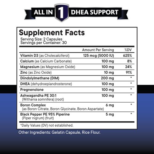 NEW AGE DHEA Supplement - Pregnenolone for Men & Women with DIM, Ashwagandha, Boron, Calcium, Magnesium, Zinc, Vitamin D3 5000iu - Support Capsules - 60 Count