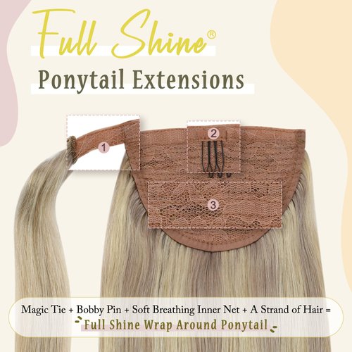 Full Shine Hair Extensions Ponytail Real Human Hair Ash Blonde Highlights Bleach Blonde Ponytail Hair Extensions Natural Straight Hair Pieces Clip in Extensions 80Grams 22Inch