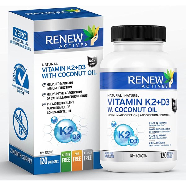 Renew Actives D3 K2 Supplement with Coconut Oil - Promotes Immune Function & Bone Health & Teeth - Enhances Calcium Absorption - 120 Softgels