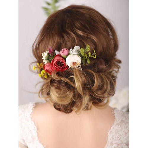 Kercisbeauty Handmade Boho Hair Comb for Brides Floral Red Flower Hair Accessories Woodland Garden Wedding Hair Piece for Women Girls Evening Party