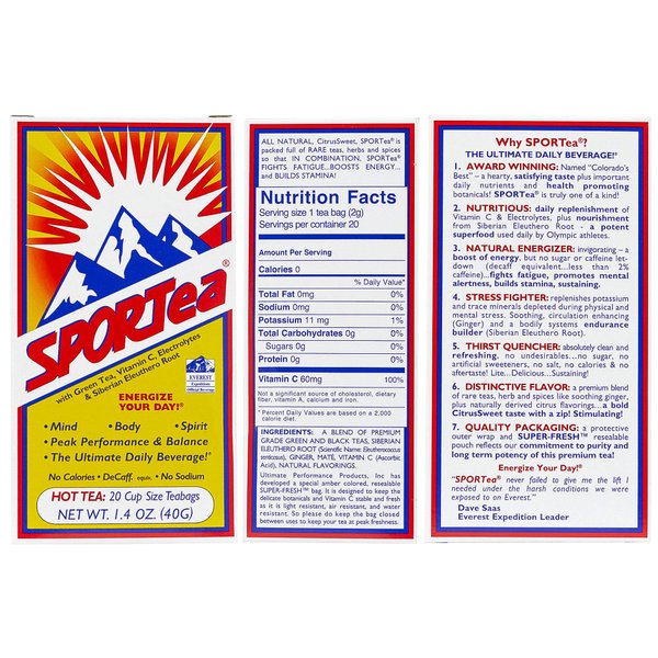 SPORTea(R) Hot: 20 Individual Tea Bags/Box Pack of 4