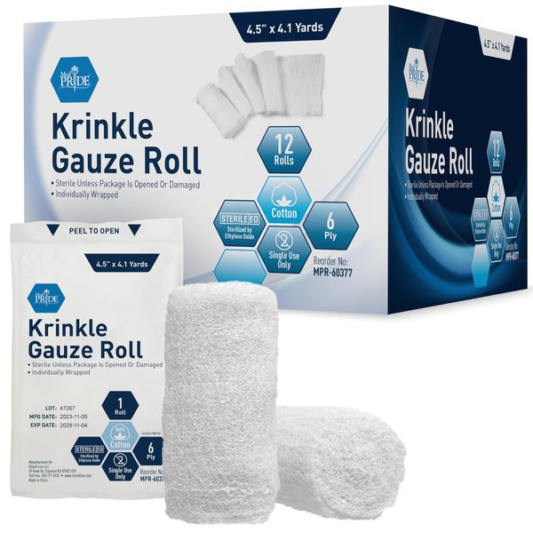 MED PRIDE Sterile Krinkle Gauze [12 Rolls]- 4.5'' x 4.1 Yards Rolls - Cotton Wound Dressing Sterile Wraps – 6-Ply Highly Absorbent First Aid Gauzes - Medical Individually Wrapped Mesh Bandage Gauzes