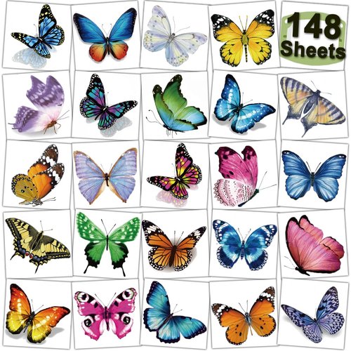 CHARLENT 148 Individually Sheets Butterfly Temporary Tattoos for Girls Women - 3D Realistic Butterfly Tattoos for Kids Birthday Party Favors Goodie Bag Fillers